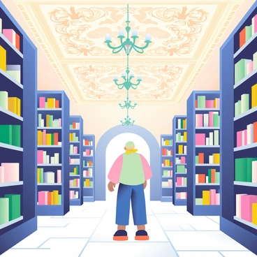 A person is standing on the marble floor of a grand library, looking up at an ornate ceiling filled with intricate carvings that depict mythical figures and floral patterns. The ceiling is painted in soft pastels, highlighting the details of the carvings. Several elegant chandeliers hang from the ceiling, their crystals reflecting soft light and casting delicate shadows on the walls. Tall, dark wooden bookshelves filled with a variety of books flank the sides of the room, creating a rich ambiance. The overall scene conveys a sense of grandeur and intellectual curiosity.