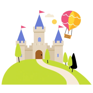 A medieval castle with stone walls and tall turrets stands majestically on a hill. The castle has a large wooden door and banners fluttering from the battlements. Nearby, a colorful hot air balloon with a bright red and yellow pattern drifts gently in the sky. The balloon has a woven basket hanging below it, and the sun casts a warm glow over the scene, creating a picturesque atmosphere. Green trees and a winding path lead up to the castle, adding to the charm of the setting.