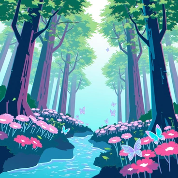 A vibrant forest filled with tall, lush trees adorned with bright green leaves. The sunlight filters through the canopy, casting a kaleidoscope of colors on the forest floor. Enchanted creatures, such as small fairies with iridescent wings and glow-in-the-dark butterflies, flit among the colorful wildflowers. In the background, a sparkling stream winds through the scene, reflecting the vivid hues of the surrounding flora. The air is alive with the movement of these magical beings, creating a lively and dynamic atmosphere throughout the forest.