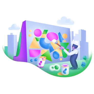 A lively scene depicting "Kotak" painting a vibrant mural on a city wall. "Kotak" is a person with a paintbrush in hand, actively applying bright colors to the wall. The mural features an array of geometric shapes and patterns, with shades of blue, pink, yellow, and green blending harmoniously. Surrounding "Kotak" are various paint cans scattered on the ground, each filled with different colors. In the background, there are city buildings and a clear blue sky, adding context to the urban setting. The entire composition radiates energy and creativity.