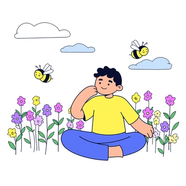 A minimalist cartoon illustration of a character named "Davies" sitting cross-legged on the ground. Davies has a dreamy expression on his face, with closed eyes and a slight smile. Around him, there is a large field filled with small, cartoon-style flowers in various colors. In the air above the field, there are several buzzing bees depicted with small wings and smiling faces, flying playfully. The sky is clear with a few fluffy clouds.