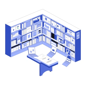 A 3D library interior filled with shelves stocked with various digital design resources and tools. The shelves contain mockup frames, icon sets, wireframe kits, and design templates neatly arranged. A large table in the center displays open laptops showing Figma interfaces with design elements visible on the screens. Walls are adorned with posters showcasing design principles, typography guides, and color theory charts. The atmosphere is organized and conducive to creativity, with soft lighting illuminating the workspace.