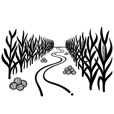 A wide view of a cornfield with towering stalks, showcasing "tractor trails" weaving through the field. The trails are marked by rows of flattened corn plants, leading toward the horizon. There are scattered bundles of corn husks along the trails, emphasizing the agricultural setting. The sky above is clear, creating a stark contrast with the black and white illustration of the landscape.