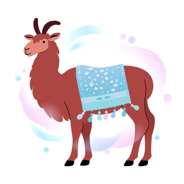 A chameau stands gracefully, its fur a rich shade of brown. The animal is adorned with an intricately patterned fabric draped over its back, showcasing vibrant cultural designs in various colors. Tassels hang from the edges of the fabric, swaying gently in the breeze. The background features a soft gradient of pastel colors that complement the chameau's attire. The scene conveys a sense of cultural significance and elegance.