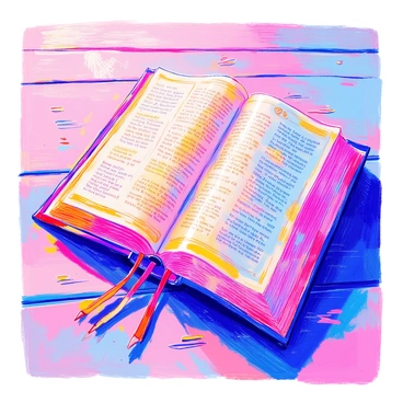 An open Bible rests on a wooden surface, displaying intricate illuminated script along the margins and within the text. The pages of the Bible have a soft glow that radiates gently, illuminating the surrounding area with a warm light. The binding of the Bible is richly textured, showcasing details such as a gold-embossed title and decorative patterns. Shadows play softly across the surface beneath the Bible, enhancing the ethereal quality of the scene.