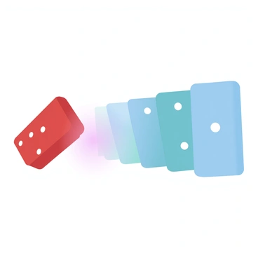 A series of dominoes in vibrant colors are neatly arranged in a row, showcasing a gradient of hues from red to blue. One domino, slightly tilted, is just beginning to fall, creating a moment that captures the anticipation of motion. The neighboring dominoes are poised to react, their distinct colors contrasting with each other. The background is minimal, allowing the focus to remain entirely on the colorful dominoes and the chain reaction that is about to unfold.