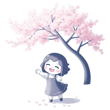A character with "rosy cheeks" is smiling joyfully. The character stands beneath a "blooming cherry blossom tree" adorned with numerous delicate pink flowers. The branches of the tree arc gracefully overhead, creating a canopy of blossoms. The ground is covered with fallen petals, adding to the serene atmosphere. The character's expression radiates happiness, with light catching on their features, accentuating the joyful moment.
