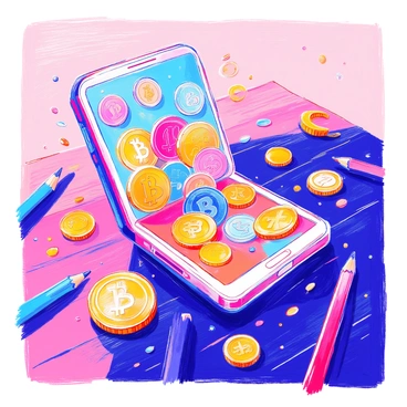 A digital wallet is open on a wooden table. The wallet's screen shows a colorful assortment of various cryptocurrencies, each represented as distinct coins with detailed designs. The coins are arranged in a visually appealing manner, showcasing logos and symbols of different cryptocurrencies. Light reflects off the metallic surfaces of the coins, creating a vibrant and dynamic scene. There are small digital elements surrounding the wallet, suggesting active transactions.