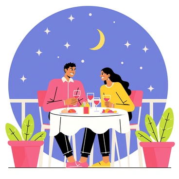A couple sitting at a small round table on a balcony, surrounded by a railing. The table is set with a white tablecloth and two plates, each containing a meal. A pair of flickering candles in glass holders add a warm glow to the scene. The couple is smiling at each other, with a glass of red wine in hand. Behind them, a clear night sky filled with bright stars can be seen, along with a crescent moon casting a gentle light. Potted plants with green leaves decorate the balcony, adding a touch of nature to the romantic setting.