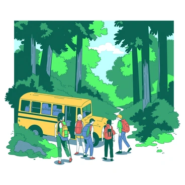 A group of six hikers with various colorful backpacks is disembarking from a yellow bus parked at the edge of a dense green forest. The bus has its door open, and some hikers are stepping down onto the forest floor, while others are adjusting their gear. Tall trees with thick trunks and lush leaves create a canopy overhead, casting dappled light onto the ground. In the background, a narrow dirt path leads into the heart of the forest, inviting the hikers to explore.