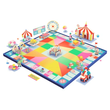 A large, colorful Monopoly board is set in a lively carnival theme, with sections depicting various rides and attractions. The board features vibrant squares representing carnival games, food stalls, and ticket booths. There are miniature attractions such as a spinning Ferris wheel, a towering carousel with painted horses, and a funhouse with mirrors. Brightly colored tents and balloons surround the board, while playful characters, including clowns and jugglers, are positioned near the corners. The chance and community chest cards are represented by colorful tickets, and the game pieces include tiny amusement park rides like a roller coaster car and a hot air balloon. Bright lights and festive decorations enhance the lively atmosphere of the carnival-themed board.