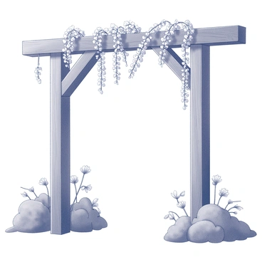 An archway constructed from sturdy wooden beams. The structure is adorned with cascading evening primrose flowers, their delicate petals hanging gracefully down from the top of the arch. The flowers create a soft curtain effect, enhancing the entrance. The archway stands against a simple background of green foliage, with some leaves visible surrounding the structure, adding a natural element to the scene. The overall composition suggests a tranquil garden pathway inviting visitors to walk through.