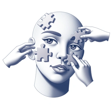 A close-up view of a person's face, composed of interlocking puzzle pieces. The pieces vary in size and shape, creating the features of the face, including the eyes, nose, and mouth. Some pieces are being gently lifted or shifted by a pair of hands, showing the process of rearrangement. The hands are delicate and precise, ensuring the pieces fit snugly together. The background is minimalistic, emphasizing the puzzle face and the act of assembly.