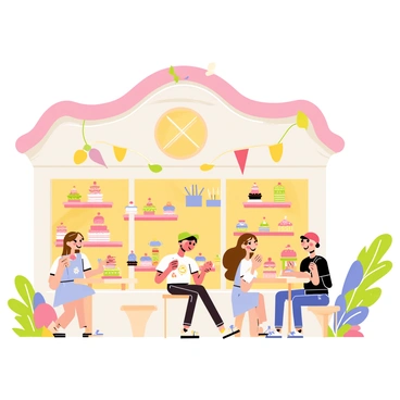 A whimsical dessert shop from a Ghibli film, filled with colorful cakes and pastries, with characters enjoying treats.