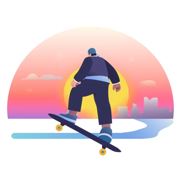 A longboarder is silhouetted against a vibrant dusk sky filled with shades of orange, pink, and purple. The longboarder is in a dynamic pose, leaning slightly forward with one foot on the board and the other extended behind, capturing a sense of motion. The horizon features subtle outlines of distant trees and buildings, blending softly into the gradient of the sky. The scene conveys a calm yet energetic atmosphere as the longboarder glides smoothly through the colorful backdrop.