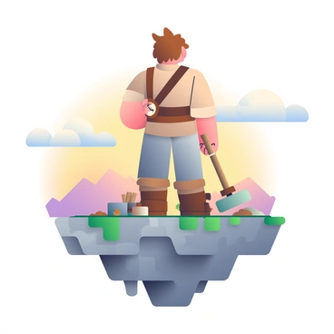 A lone adventurer with tousled brown hair is standing on a tiny floating skyblock. The skyblock is made of rough, grey stone and covered in patches of green moss. Scattered around him are limited resources, including a few wooden planks, a small sapling, and some dirt blocks. The adventurer is wearing a simple leather tunic and rugged boots, holding a wooden pickaxe in his right hand. The sky is a soft gradient of orange and purple, indicating either dawn or dusk, while fluffy white clouds drift lazily in the background. A distant mountain range is barely visible on the horizon, adding depth to the expansive sky.