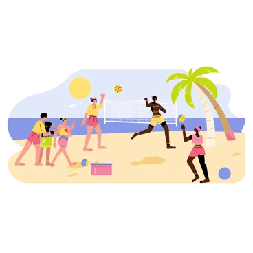 A sunny beach scene featuring a light blue sky with a bright yellow sun shining down. The sandy beach is illustrated in a golden beige color, scattered with vibrant colorful beach towels. In the foreground, a group of diverse people is playing volleyball, with one person jumping to hit the ball while others are positioned ready to receive it. Nearby, a cooler can be seen with drinks, and a beach ball is rolling in the sand. Palm trees with green fronds are swaying gently in the background, completing the lively beach atmosphere.