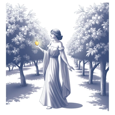 A woman, identified as "Hera," is standing gracefully in an orchard filled with lush, abundant trees. She has a regal posture and is dressed in a flowing gown that drapes elegantly around her. In her right hand, she holds a "golden apple," which glimmers in the light, signifying its importance. The orchard is vibrant with various types of trees, each adorned with fruits, leaves, and blossoms. The scene conveys a sense of enchantment, with the foliage creating a natural canopy above her. Sunlight filters through the leaves, casting intricate shadows on the ground.