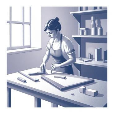 A woman named Emma Carpenter is focused on her work at a wooden table. She is wearing a work apron and has hair tied back for practicality. Various tools are scattered around her on the table, including a saw, a chisel, and pieces of wood in different stages of completion. Sunlight streams through a nearby window, casting shadows on the table and illuminating the details of her project. The workshop is filled with wooden shelves, holding additional tools and materials, creating a productive atmosphere.