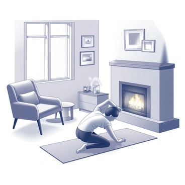 An intimate corner of a home featuring a person practicing the cat-cow stretch. The individual is positioned on a soft yoga mat, with their hands and knees on the ground. A warm, inviting fireplace is in the background, casting a subtle light across the room. The surrounding area includes a cozy armchair and a small side table with a steaming cup of tea. The walls are adorned with photographs and art, adding a personal touch to the space. A large window allows natural light to filter in, enhancing the peaceful atmosphere.