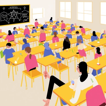 A classroom filled with wooden desks and chairs arranged in rows. Students are scattered throughout, focusing intently on their tasks. Each student wields a unique wand, some elaborately designed. Bright, colorful sparks are flying from the tips of the wands, creating a dynamic display of light. A blackboard at the front of the room is covered with magical symbols and diagrams related to spellcasting. The atmosphere is filled with excitement as some students succeed in their spell practice while others look on with anticipation.