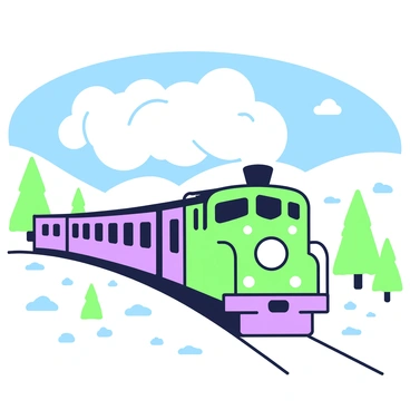 A train is traveling through a snowy landscape, with snow-covered ground and trees lining the tracks. The train is billowing steam into the cold air, creating a cloud that spreads above it. In the foreground, the train is colorful, and its front is visible, showing details like windows and a large smoke stack. The surrounding area is blanketed in white snow, with gentle hills in the background and a clear blue sky above.