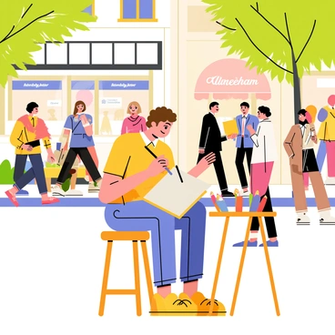 A live illustrator seated on a wooden stool at a bustling city street corner. The illustrator has short brown hair and is focused on sketching, with a large sketchbook on their lap. Around them, a diverse group of people is walking by, including a woman with a red scarf, a man with a briefcase, and a child holding a balloon. Colorful storefronts with bright signs line the street, and green trees provide shade. A small table beside the illustrator holds various drawing tools, including pencils and markers. The atmosphere is lively, with a mix of chatter and city sounds.