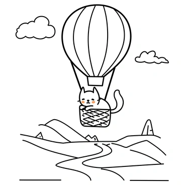 A cat with fluffy fur and bright eyes is sitting inside a woven hot air balloon basket. The balloon is round and colorful, floating high above the ground. The cat is looking down, its tail curled around its body, with an expression of curiosity. Below, a beautiful landscape unfolds, featuring rolling hills, a winding river, and patches of trees. The sky above is clear, with a few fluffy clouds scattered across it.