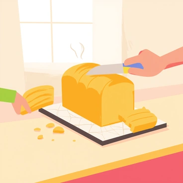 Two hands gripping a knife are slicing through a freshly baked loaf of bread positioned on a wooden kitchen counter. The loaf has a golden-brown crust with steam gently rising from the cut surface. Small crumbs scatter on the counter around the bread, and a patterned cutting board is underneath. A few slices of the bread are already cut and slightly angled, resting beside the loaf. Soft, warm light filters in from a nearby window, illuminating the scene.