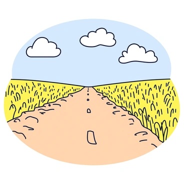 A dusty country road stretches into the distance, flanked on both sides by vast fields of golden wheat. The wheat stands tall, gently swaying in the breeze, creating a unified sea of shimmering grains. The road itself is unpaved, with patches of gravel and dry earth visible. In the sky above, fluffy white clouds are scattered, casting soft shadows over the landscape.