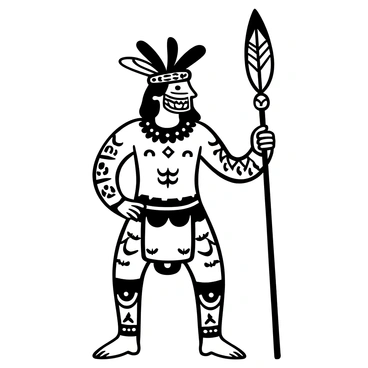 A detailed black-and-white illustration of a tribal warrior, with intricate traditional face paint covering the skin. The warrior is wearing a headdress made of feathers and beads, showcasing various patterns. Decorated tattoos are visible on the warrior's arms and chest. The stance is strong and proud, with a spear held upright in one hand. The background contains tribal motifs and symbols enhancing the cultural context.