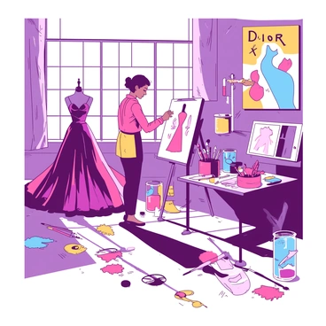 An illustrator is standing in a vibrant studio filled with art supplies. The illustrator is focused on sketching a beautiful Dior dress, which is hanging on a mannequin beside them. The dress has flowing fabric that cascades elegantly. Sunlight filters through a large window, casting soft shadows on the floor. Around the studio, there are scattered swatches of fabric in various colors, brushes in jars, and sketches pinned on the walls. The atmosphere is dynamic, showcasing the creative process of bringing the dress to life.