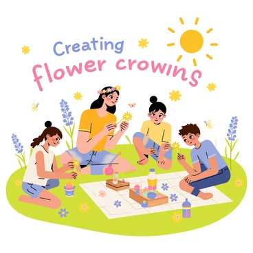 Juliet is sitting in a sunny meadow, surrounded by green grass and colorful wildflowers. She has long brown hair adorned with a flower crown that she is carefully crafting. Her friends, two girls and a boy, are nearby, each working on their own flower crowns. One friend is picking bright yellow daisies, while another holds a bunch of purple flowers. The sun shines brightly above, creating a warm and cheerful atmosphere. Butterflies flutter around, and a small picnic blanket is spread out with snacks and drinks. "Creating flower crowns" is written above the scene in a playful font.