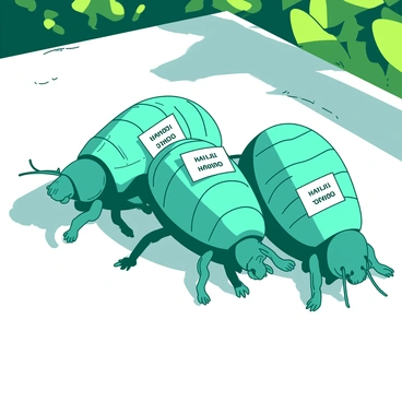 A group of vibrant teal scarabs are seen working together, each carrying a tiny white crossword clue on their backs. The clues are neatly written in a small font, and the scarabs appear to be in motion, scuttling across a smooth white surface. The sunlight reflects off their glossy shells, creating a striking visual contrast with the white crossword clues. In the background, a subtle hint of blurred greenery can be seen, giving depth to the scene.