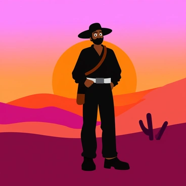 A dark silhouette of "Gabbar Singh" stands prominently against a vibrant sunset in the desert. The sky is filled with a gradient of warm colors, transitioning from deep orange to soft purple and pink hues. Silhouetted against the sunset, "Gabbar Singh" is shown wearing his iconic attire, including a wide-brimmed hat and a distinctive bandolier. The desert landscape stretches out behind him, featuring rolling sand dunes and sparse vegetation. The scene captures the vastness of the desert and the dramatic contrast of the silhouette against the colorful sky.