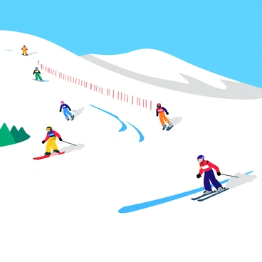 A snowy mountain slope with steep angles and a clear blue sky overhead. Multiple downhill ski racers are speeding down the slope, wearing brightly colored racing suits and helmets. Each competitor is positioned in different dynamic poses, showcasing their skill and determination as they navigate through a series of red and blue gates. Snow sprays up around their skis as they carve through the fresh powder. The scene is filled with motion and excitement, capturing the intensity of the race.