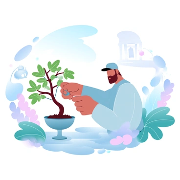 A gardener is trimming the branches of a bonsai tree with precision and care. The gardener is wearing a comfortable hat and a long-sleeve shirt while holding a pair of pruning shears. Surrounding the gardener is a quiet garden filled with various plants and flowers in vibrant colors. The bonsai tree sits on a small, decorative table, showcasing its intricate branches. Soft sunlight filters through the leaves, casting gentle shadows on the ground. A small stone pathway winds through the garden, leading to more greenery. In the background, there are hints of traditional garden features like a stone lantern and a small water feature.
