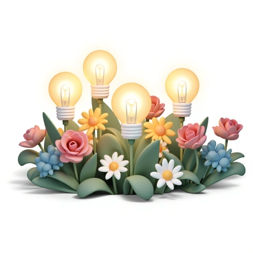 A vibrant garden filled with various flowers in full bloom. The flowers are transitioning into light bulbs, with petals transforming at the tips into delicate glass bulbs. The garden is alive with colors; there are red roses, yellow daisies, and bluebells surrounding the light bulbs. Sunlight filters through the leaves, casting soft shadows on the ground. The scene captures the moment as the flowers emit a soft glow from the light bulbs, illuminating the area around them.