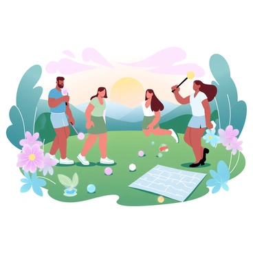 A group of four friends is playing croquet in a lush garden filled with vibrant flowers. Two friends are standing next to a croquet hoop, while the other two are taking their turns with mallets in hand. The sun is setting in the background, casting warm hues across the sky. A well-manicured lawn is visible, dotted with colorful garden ornaments and plants. Several croquet balls are scattered on the grass, and a picnic blanket is laid out nearby with snacks and drinks.