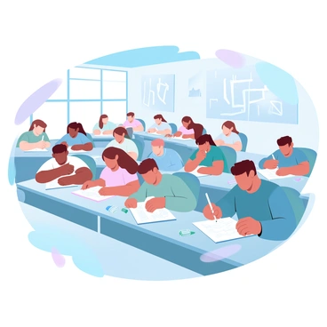 A large classroom filled with students seated at desks, each working diligently on their illustration exams. The students have various supplies scattered around them, including colored pencils, sketchbooks, and erasers. Some students are hunched over their papers, deep in concentration, while others are looking up thoughtfully at their surroundings. The walls of the classroom are adorned with various art pieces created by previous students, and there are large windows allowing soft natural light to illuminate the space. The atmosphere conveys a sense of dedication and creativity as the students engage in their artistic tasks.