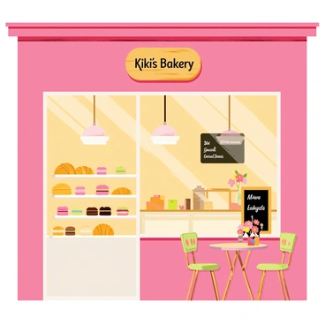 A quaint bakery run by Kiki, with delicious pastries displayed in the window and a warm, inviting atmosphere.