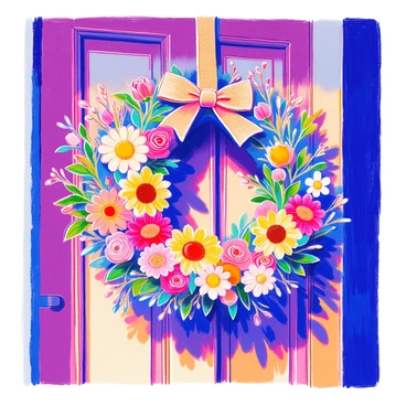 A decorative wreath made of seasonal flowers is hanging on a door. The wreath is full and vibrant, featuring a variety of blossoms including sunflowers, daisies, and roses in shades of yellow, pink, and white. Green leaves and twigs are interspersed among the flowers, adding depth and texture. The door itself is wooden with a rich brown finish, and the wreath is secured in place with a rustic burlap bow at the top. Sunlight casts a warm glow on the arrangement, highlighting the colors of the flowers.