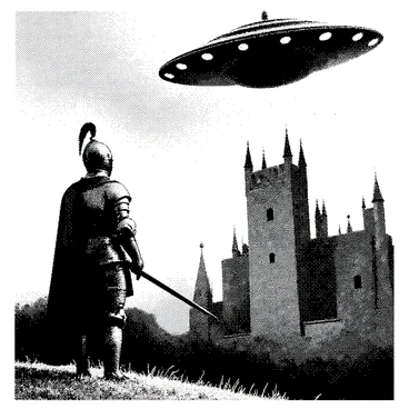 A medieval knight in shining armor is standing on a grassy hill, gazing up at the sky. The knight has a detailed helmet with a plume and holds a sword at his side. Above him, a UFO is hovering, featuring a sleek, metallic design with circular shapes and lights. In the background, a large stone castle with turrets and battlements is visible, partially shrouded in mist. The sky is filled with clouds, creating a dramatic atmosphere as the knight watches the UFO intently.