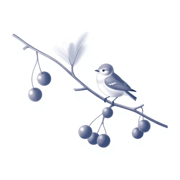 A small bird is perched delicately on a slender elderberry branch. The branch is adorned with several ripe clusters of elderberries, round and full, hanging in close proximity to the bird. The bird's feathers are detailed and textured, illustrating its small size in contrast to the robust clusters of berries. The scene captures the natural interaction between the bird and its surrounding environment, emphasizing the harmony of wildlife and plant life.