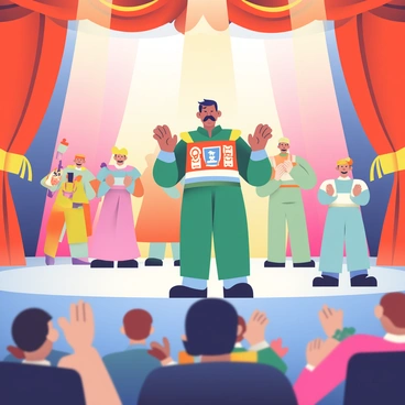A man with short, dark hair and a mustache is standing on a stage, wearing a military-style uniform with bold insignia. He is positioned center stage, with bright stage lights illuminating him. His arms are raised, hands open in a gesture of applause, as he shows appreciation for the actors. Behind him, a set design features ornate curtains in rich colors, and several actors in colorful costumes are taking a bow. The audience can be seen in the foreground, clapping and cheering, creating a lively atmosphere.
