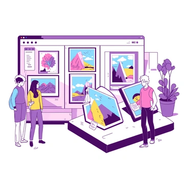 An online store layout features a collection of framed illustrations displayed prominently for purchase. Each frame is elegantly designed, showcasing various colorful illustrations within. The store's background is a soft white to enhance the visibility of the artworks. The illustrations depict a range of subjects, from vibrant landscapes to playful animal scenes. Each framed piece is labeled with a small tag indicating the title and price, positioned neatly beneath the artwork. Shoppers can be seen browsing through the collection, admiring the diverse selection of framed illustrations available for sale.