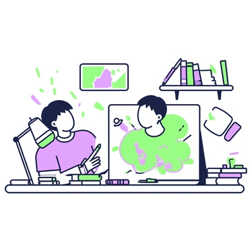 An artist is sitting at a wooden desk, concentrating on illustrating a scene on a large sketchpad. The artist has short hair and is wearing a casual shirt. Surrounding the desk are various sketchbooks stacked haphazardly, showcasing different artworks on their covers. There are multiple drawing tools scattered across the desk, including green pencils, purple markers, and erasers. A desk lamp shines light on the sketchpad, illuminating the artist's work. In the background, a small bookshelf filled with art books adds detail to the scene.