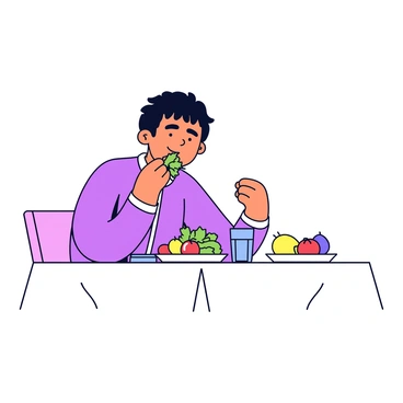 A person is seated at a dining table with a simple yet elegant setting. The table is covered with a white tablecloth. On the table, there are fresh vegetables arranged in a bowl, colorful fruits on a plate, and a small glass of water. The person, a middle-aged individual with short dark hair, is taking a bite of a salad with greens and cherry tomatoes. They have a calm expression, clearly savoring the flavors. The dining area has soft lighting that enhances the inviting atmosphere.