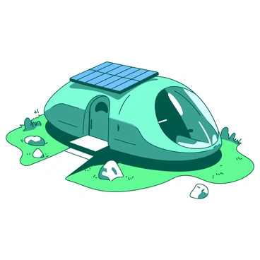 A teal sleek pod home is nestled among green grass, featuring a curved, aerodynamic shape. The exterior is smooth and reflective, showcasing a minimalist design with large, clear windows. On top of the pod, there are blue solar panels, angled to capture sunlight efficiently. The entrance of the pod is framed by a small, rectangular porch that adds to the overall modern aesthetic. Around the pod, there are a few scattered rocks and a small path leading to the door, enhancing the futuristic feel of the setting.