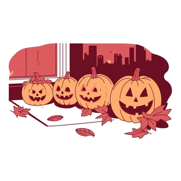 A row of orange jack-o'-lanterns with various creatively carved faces is lined up on a white doorstep. Each pumpkin has a unique expression, ranging from mischievous grins to spooky scowls. The lights from inside the jack-o'-lanterns glow brightly, casting a warm orange light onto the doorstep and illuminating the area around them. Fallen autumn leaves in shades of red can be seen scattered around the pumpkins, enhancing the Halloween atmosphere. In the background, there are hints of dark silhouettes, suggesting the presence of a night-time setting.